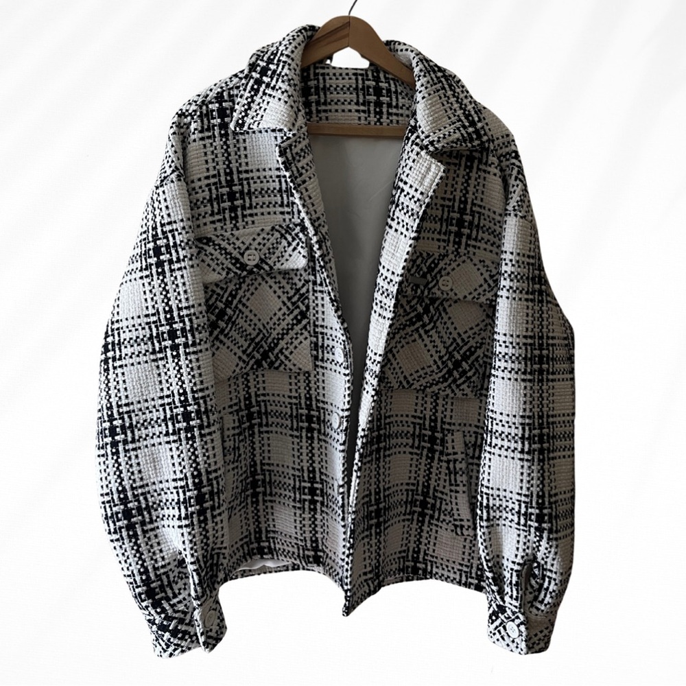 YoungLA black and white plaid woven oversized button up jacket - size Large